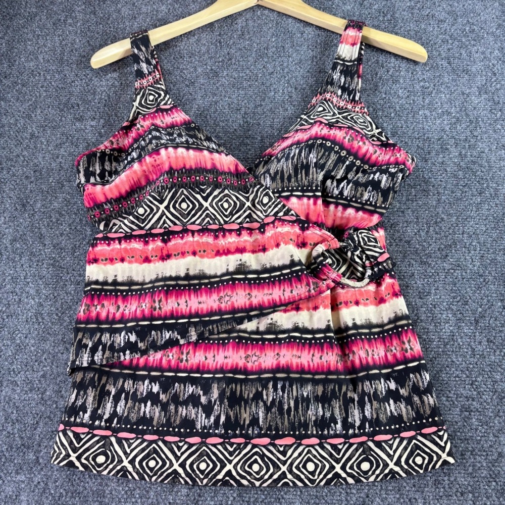 Christina Tankini Swim Top Womens 10 Pink Black Tribal Geometric Faux Wrap‎ Ring